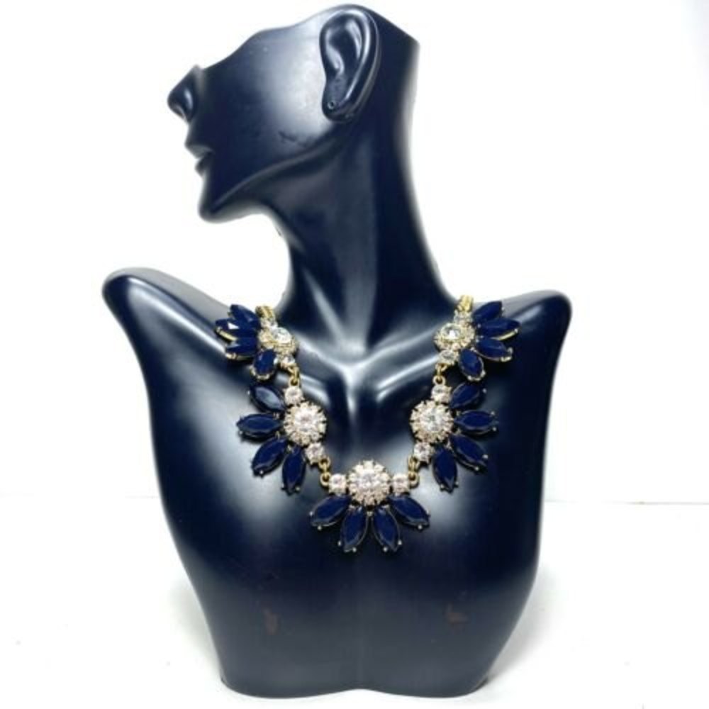 J. Crew Navy Blue and Clear Crystal Rhinestone Statement Runway Necklace
